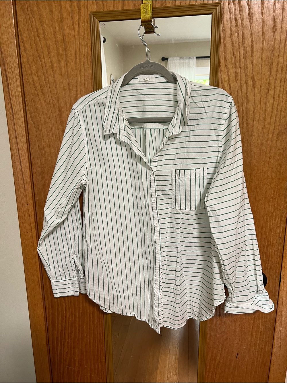 White Button-Up Shirt with Green Pinstripes